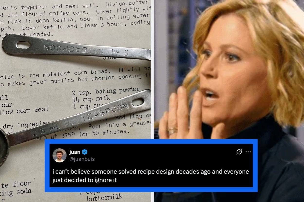 Woman gesturing dramatically next to measuring spoons on a recipe. Tweet below expresses surprise about recipe design efficiency