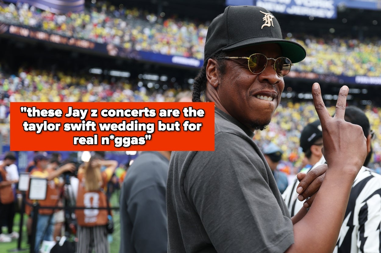 A man at a stadium makes a peace sign. Superimposed text humorously compares Jay Z concerts to a Taylor Swift wedding for a specific audience