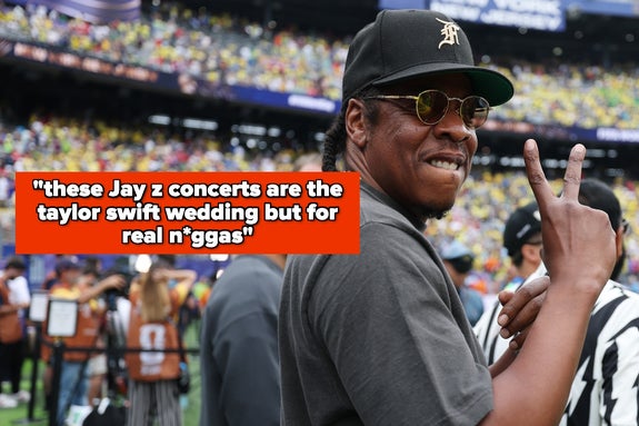 A man at a stadium makes a peace sign. Superimposed text humorously compares Jay Z concerts to a Taylor Swift wedding for a specific audience