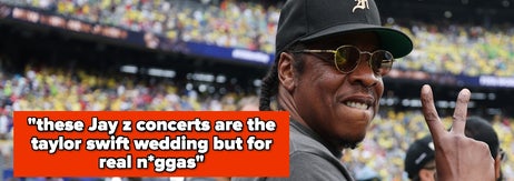 A man at a stadium makes a peace sign. Superimposed text humorously compares Jay Z concerts to a Taylor Swift wedding for a specific audience