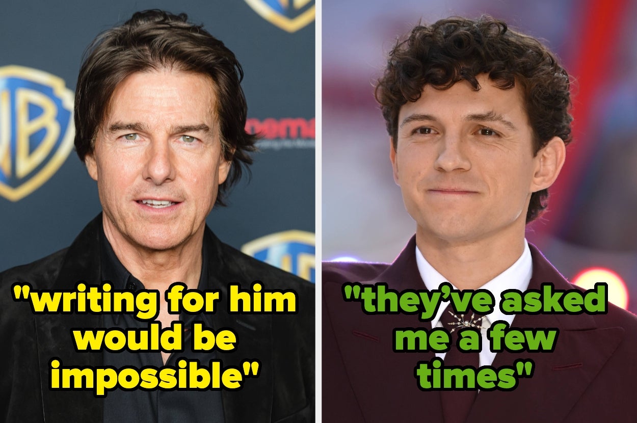 Two men on a red carpet, each with a quote next to them. Left: "writing for him would be impossible." Right: "they've asked me a few times."