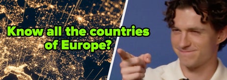 A person playfully points with a smirk. Text: "Know all the countries of Europe?" Map of Europe displayed