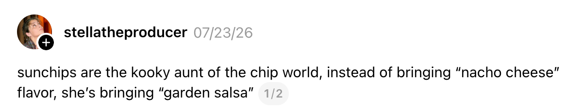 Kommentar sammenligner på humoristisk vis Sunchips med en sære tante, og merker seg den unike