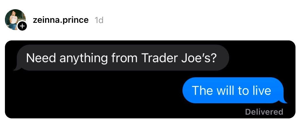 Tekstutveksling: "Trenger du noe fra Trader Joe's?" Svar: "Viljen til å leve." Levert status synlig