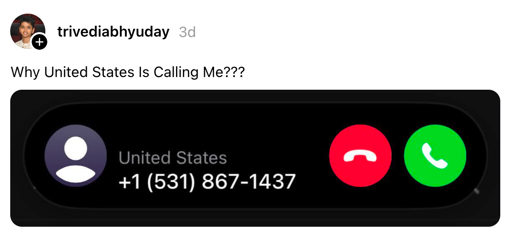 Telefonskjerm som viser innkommende anrop fra "USA" med nummer +1 (531) 867-1437