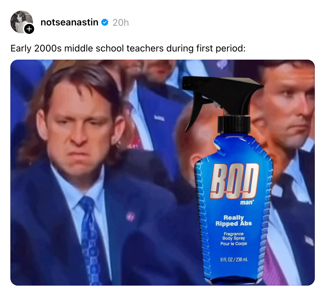 Et meme som viser en seriøs person på et arrangement med et overlagret bilde av