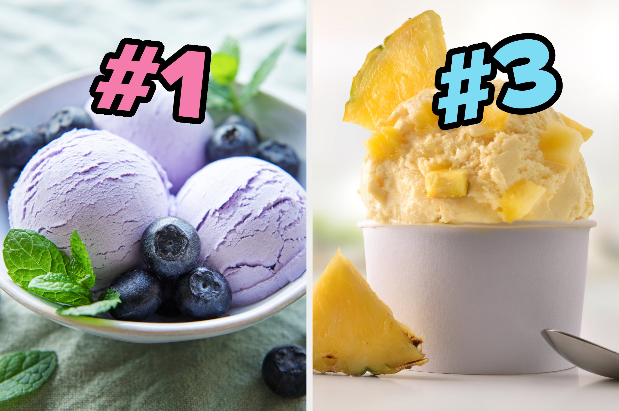 On the left, a bowl of blueberry ice cream labeled number 1, and on the right, a cup of pineapple ice cream labeled number 3