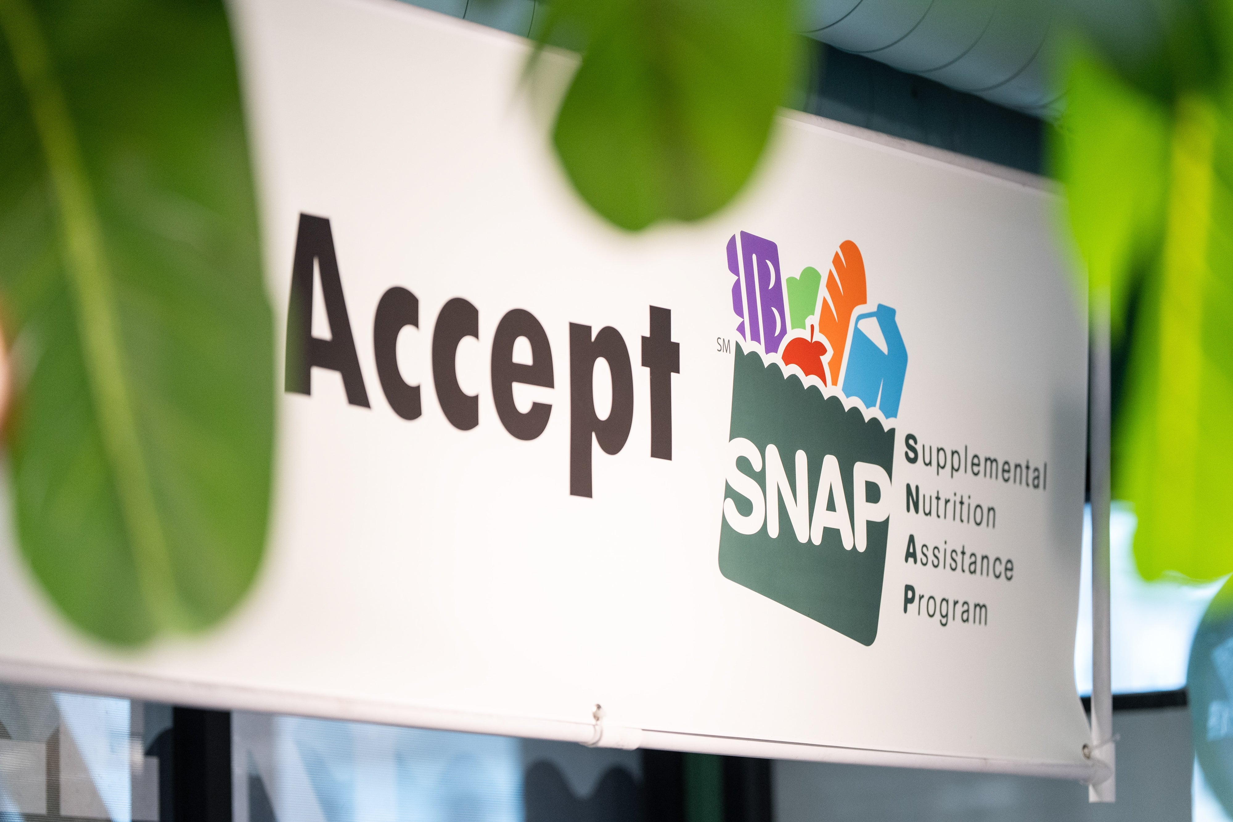Signer med "Godta SNAP" og Supplemental Nutrition Assistance Program-logoen, delvis dekket av planteblader