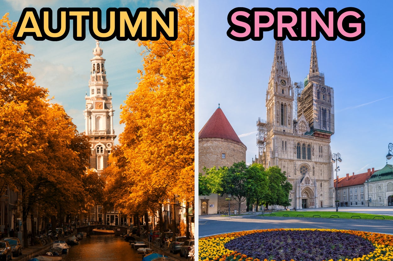 On the left, a tall building surrounded by fall leaves in Amsterdam labeled autumn, and on the right, flowers blooming in front of a cathedral in Zagreb labeled spring