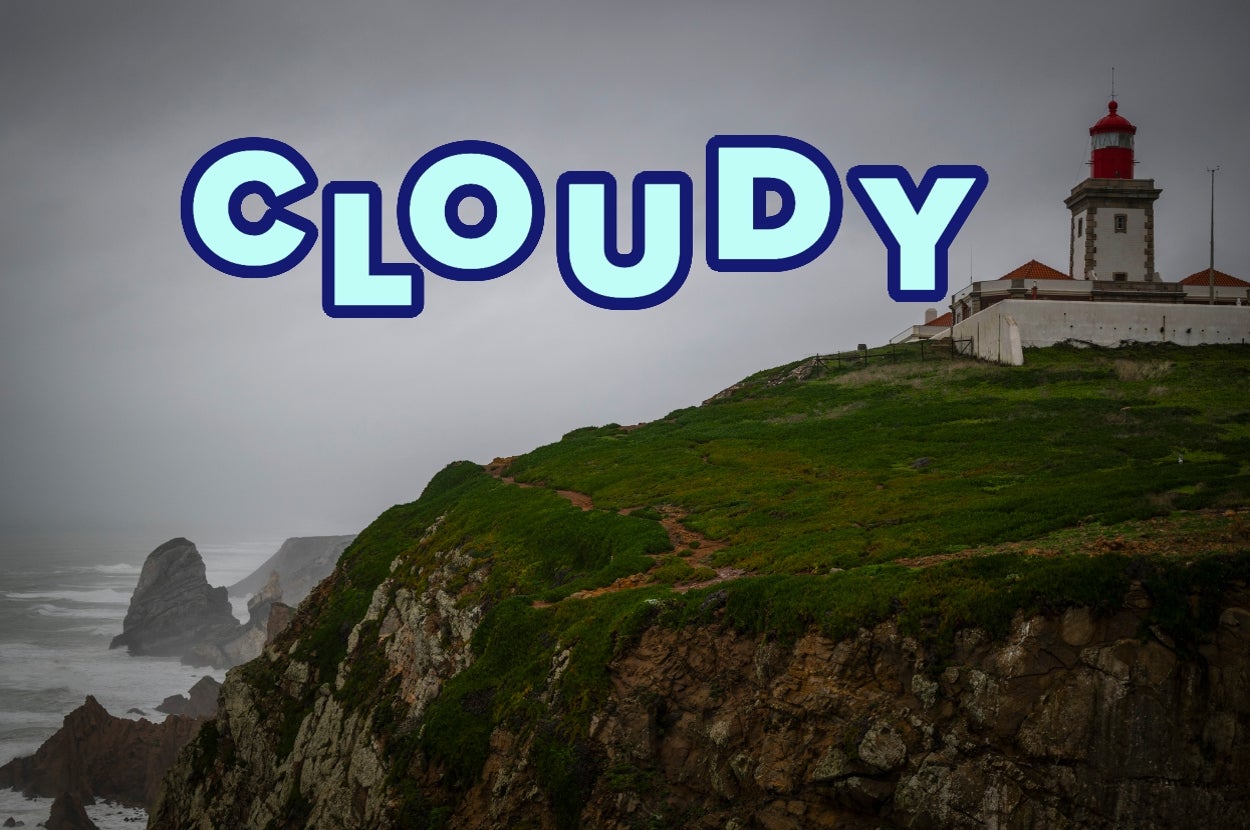 Lighthouse on a cliff near the ocean with the word "CLOUDY" in bold letters above
