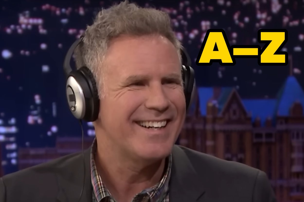 Will Ferrell in headphones on TV talk show set, background shows cityscape. Large "A-Z" text on screen