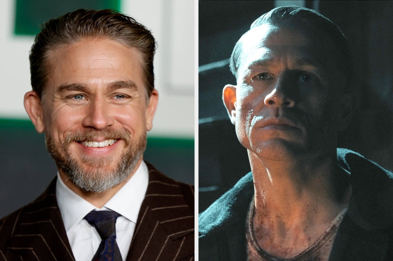Left: Person in a pinstripe suit, smiling at an event. Right: Same person in character with serious expression, dimly lit setting