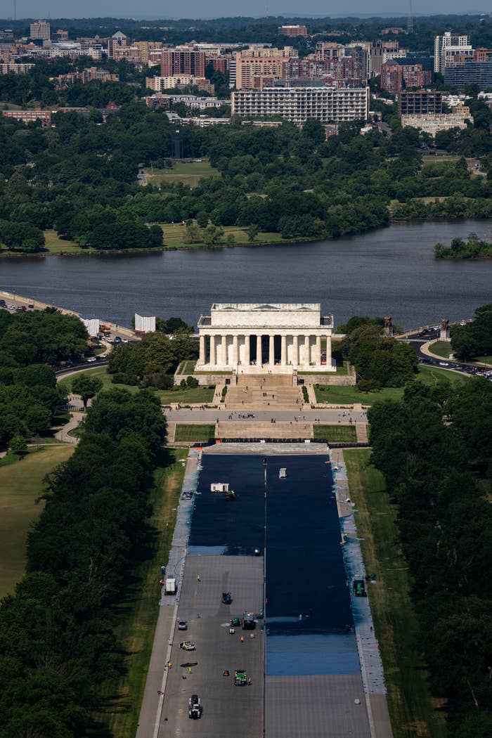 Aerial view of the Lincoln Memorial and Reflecting Pool, Washington D.C., with cityscape in the background
