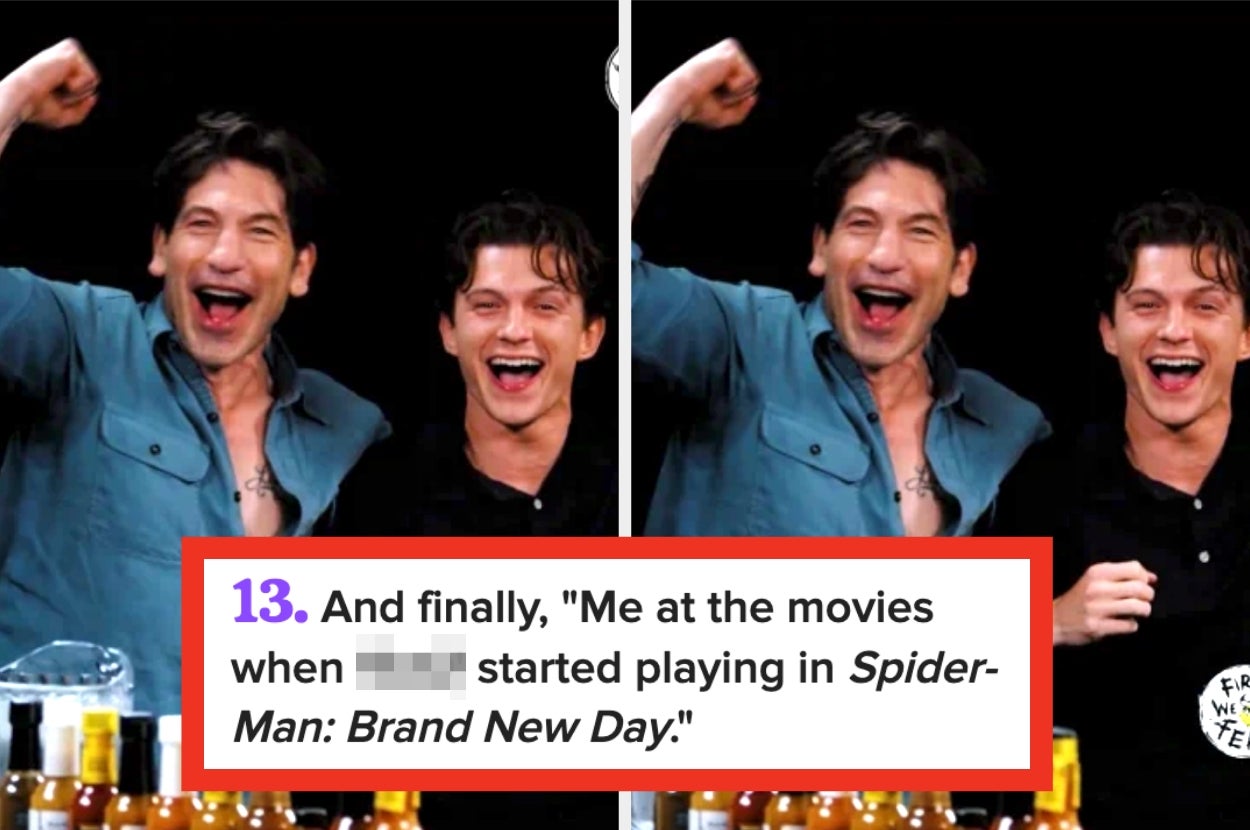 Two people celebrate with raised arms in a split image meme about excitement for watching "Spider-Man: Brand New Day."