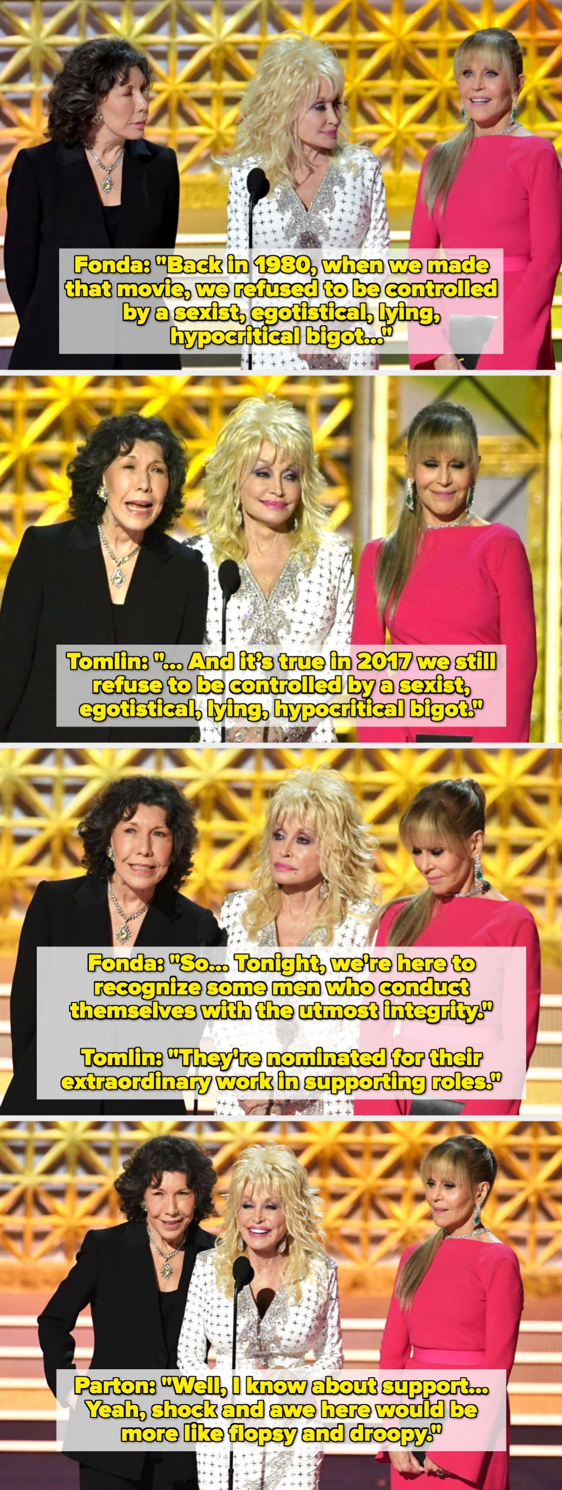 Three celebrities on stage: one in a black suit, one in a sparkly white gown, and one in a bright pink dress, posing and smiling