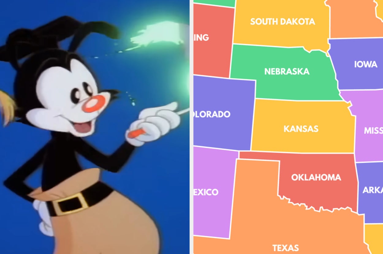 Animated character pointing at a colorful map of U.S. states, highlighting a travel theme