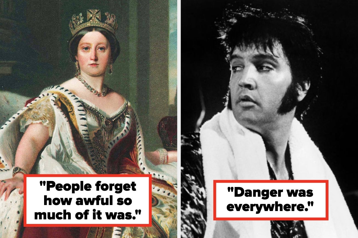 Split image of a queen with a quote on forgetting past awfulness and a famous singer with a quote on danger being everywhere