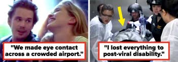 Two images split side by side. Left: A couple smiling at each other. Right: A person on a stretcher with an arrow pointing at them