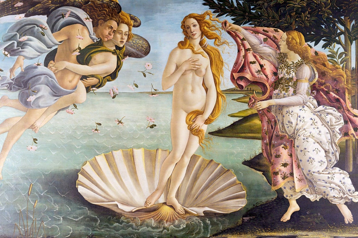 "The Birth of Venus" painting by Sandro Botticelli: Venus stands on a shell at the sea, with wind deities and a woman in floral attire beside her