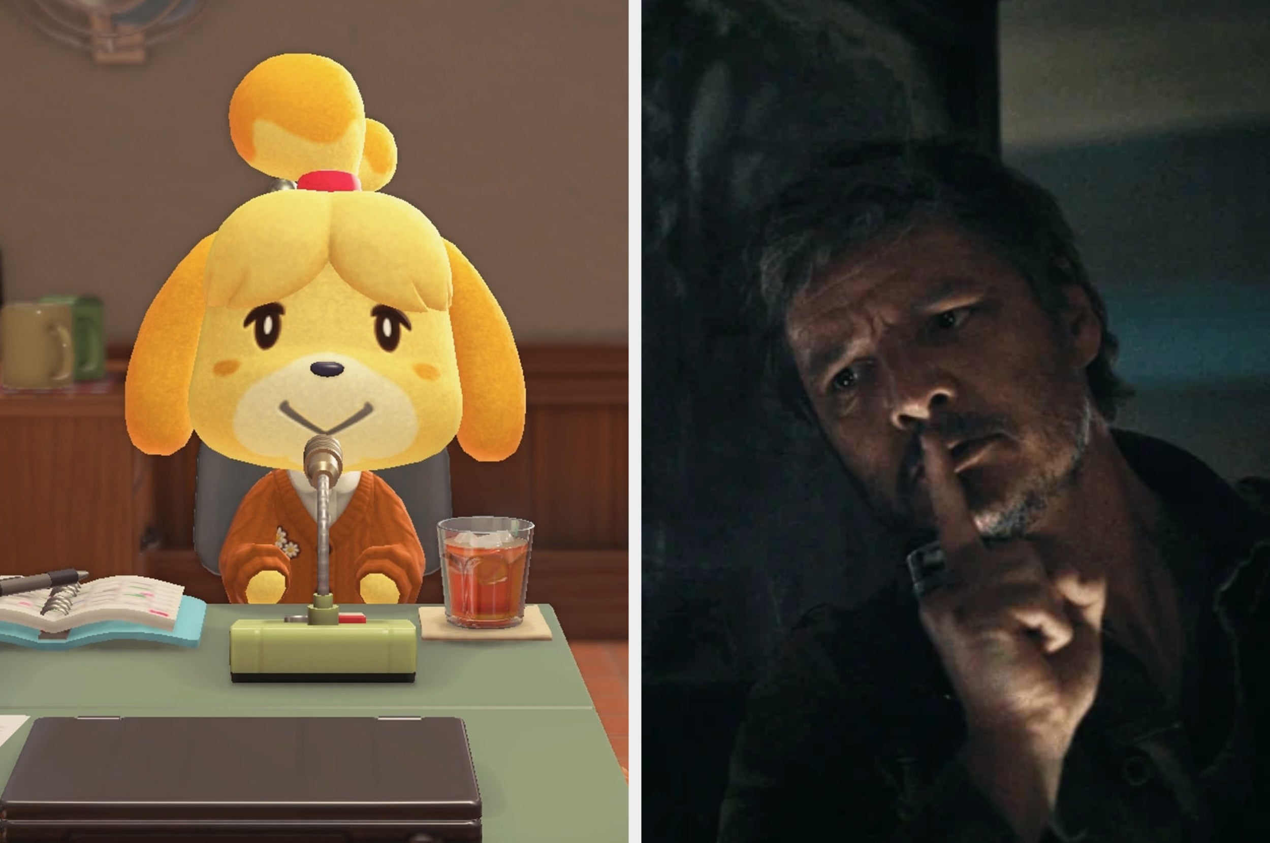 A cute animated character sits at a desk with a microphone, while a serious man is shown shushing with a finger to his lips in low light
