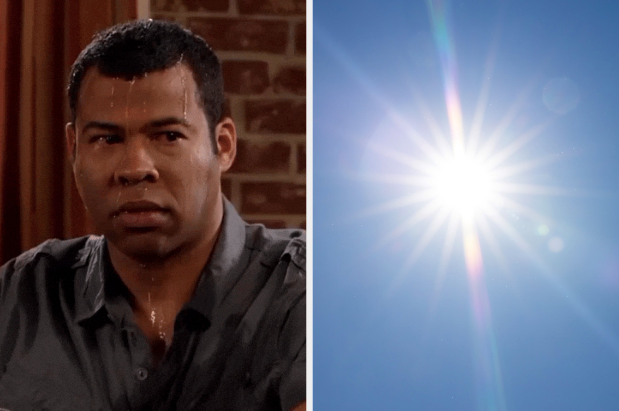 A man sweating under stress next to a bright sun, symbolizing intense heat or pressure