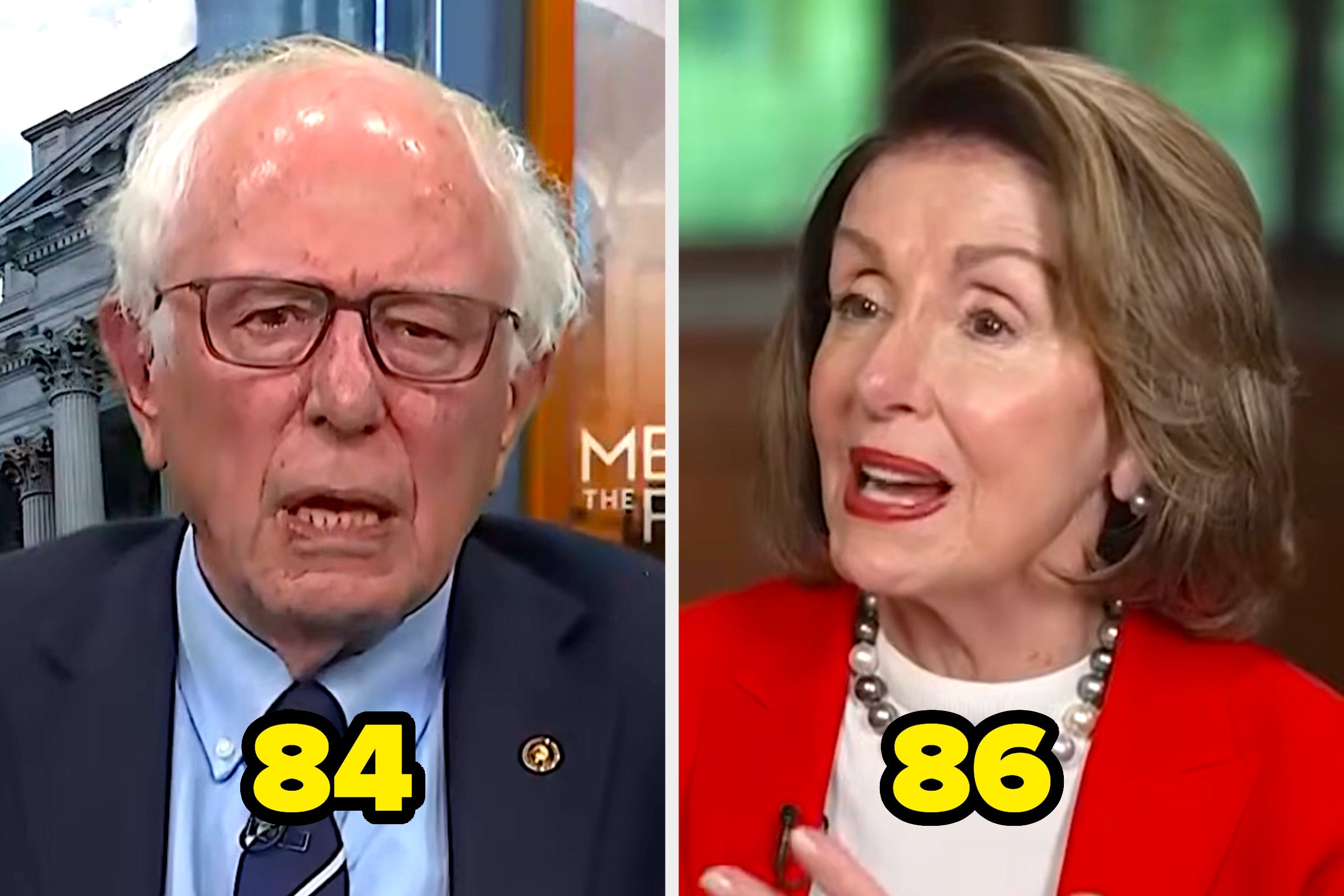 Two senior public figures in separate interviews; numbers "84" and "86" are shown, possibly indicating their ages