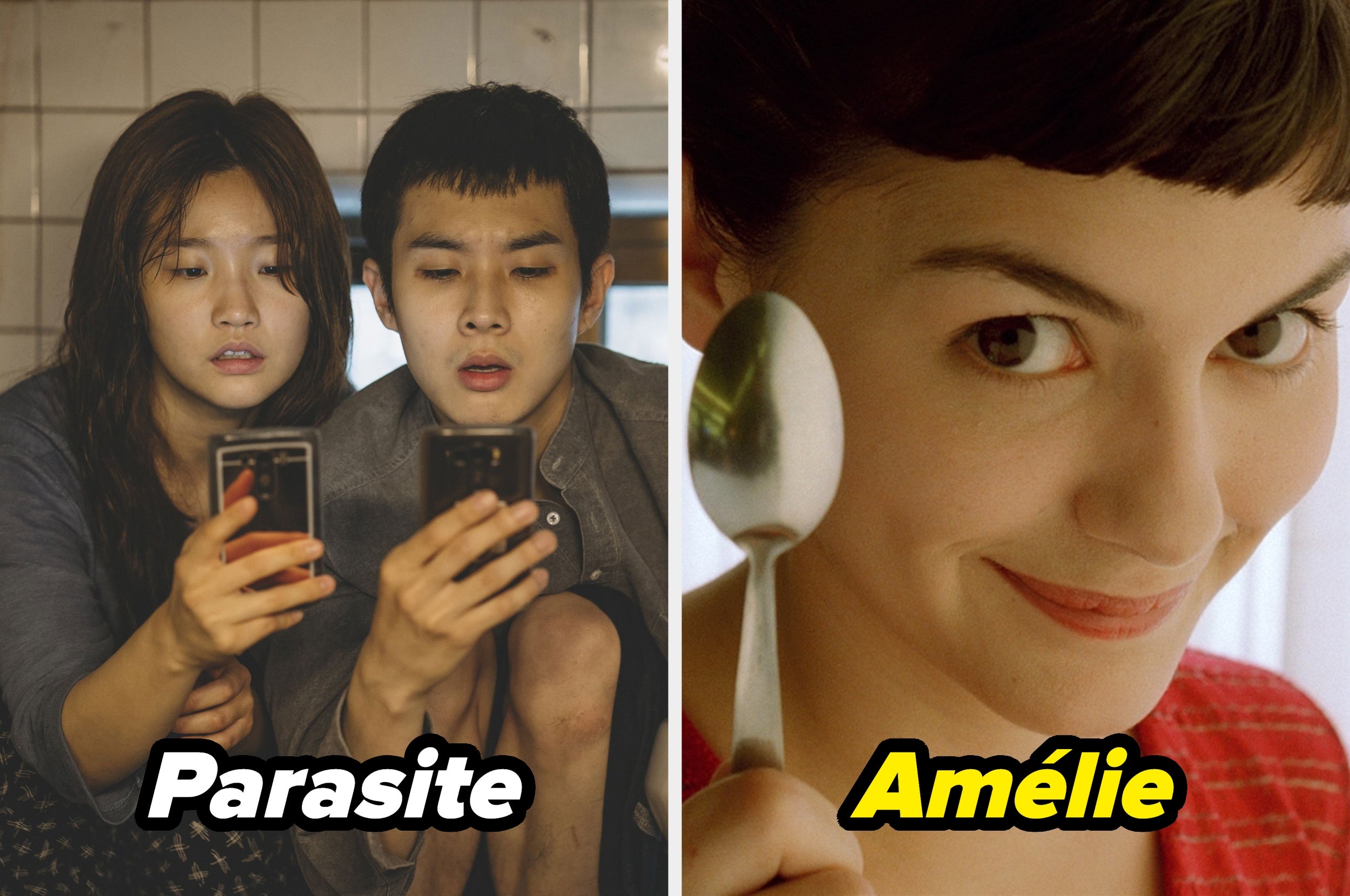 Split image of two scenes: left, two people from "Parasite" look at a phone; right, a person from "Amélie" holds a spoon and smiles enigmatically
