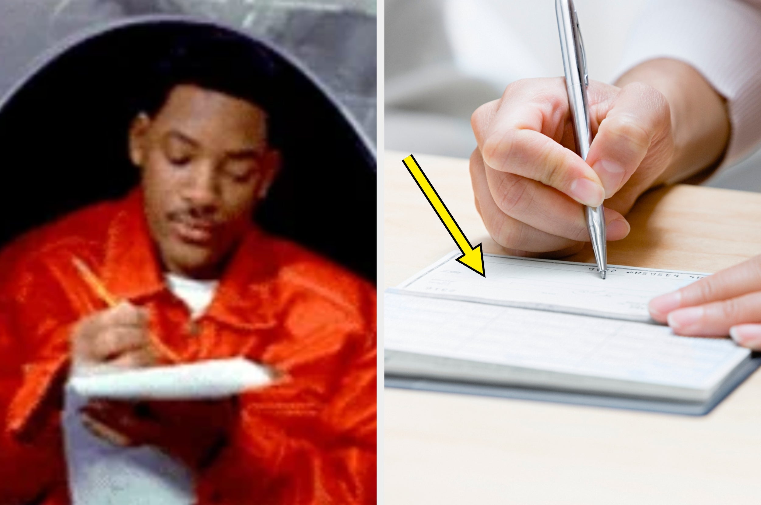 A man in an orange suit writes with a pen and paper. Next to him, a hand signs a check with a pen