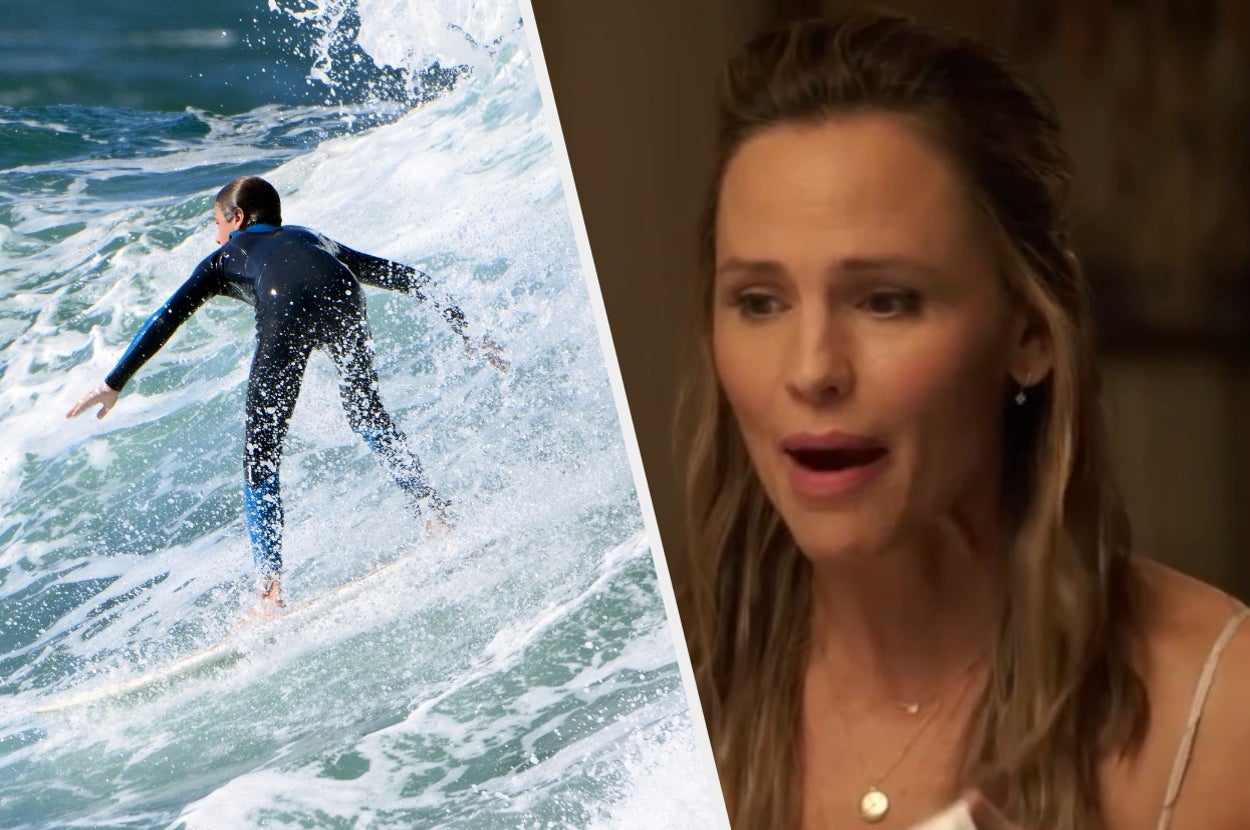 On the left, a person surfs on ocean waves. On the right, a woman speaks with an expressive face
