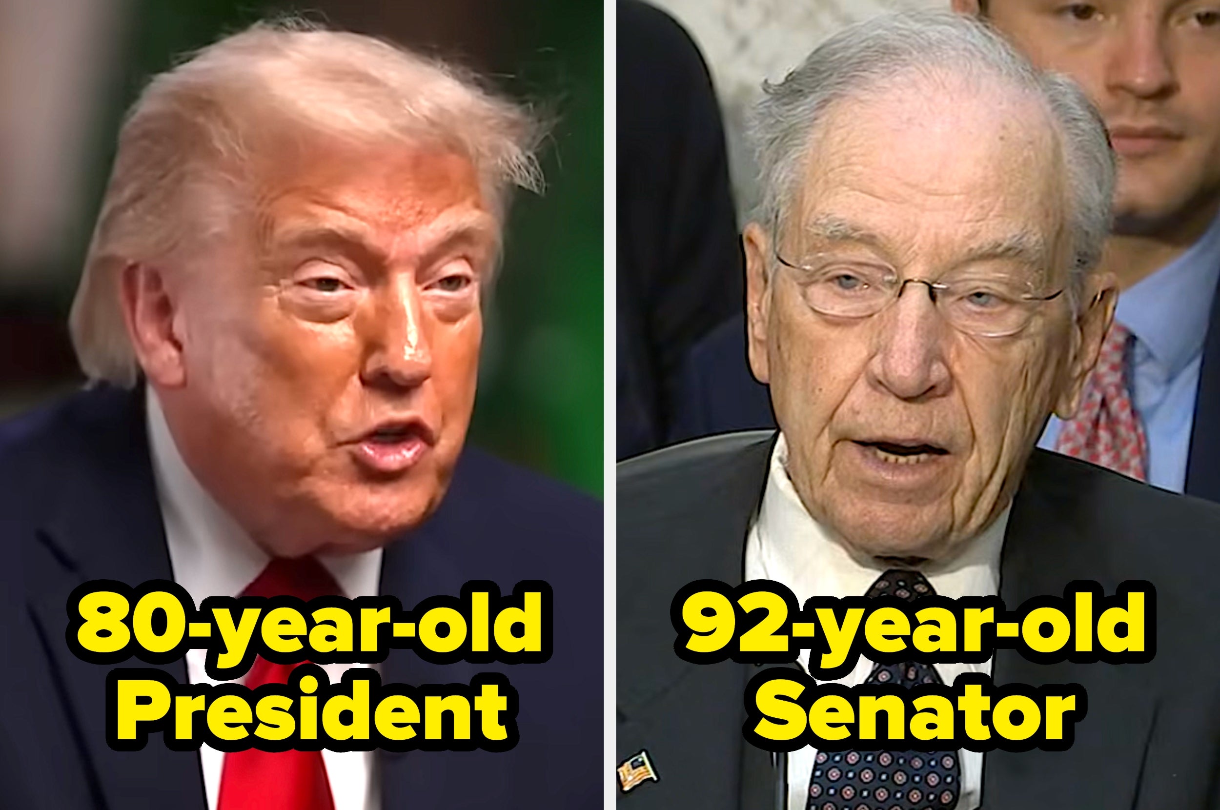 Split image of an 80-year-old President speaking and a 92-year-old Senator at a hearing
