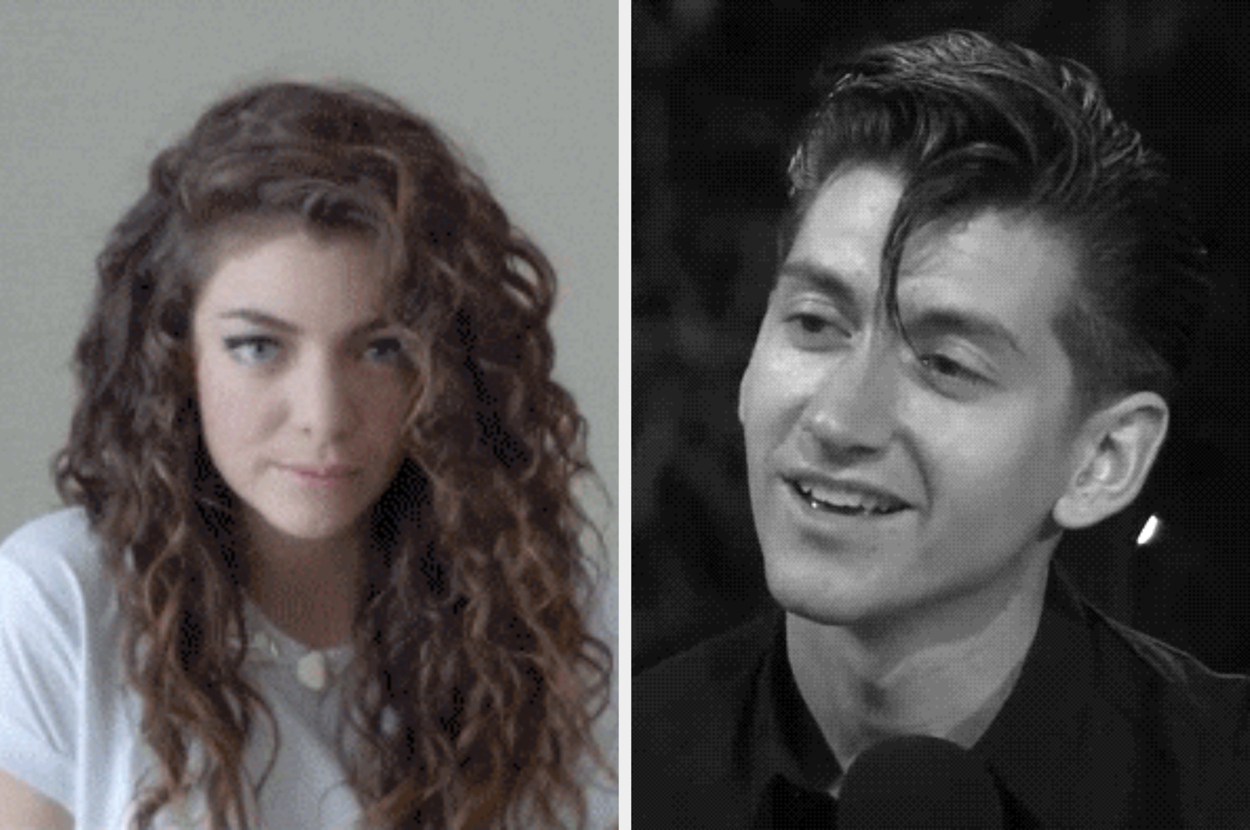 Two side-by-side portraits of a woman with curly hair and a smiling man, both in casual attire