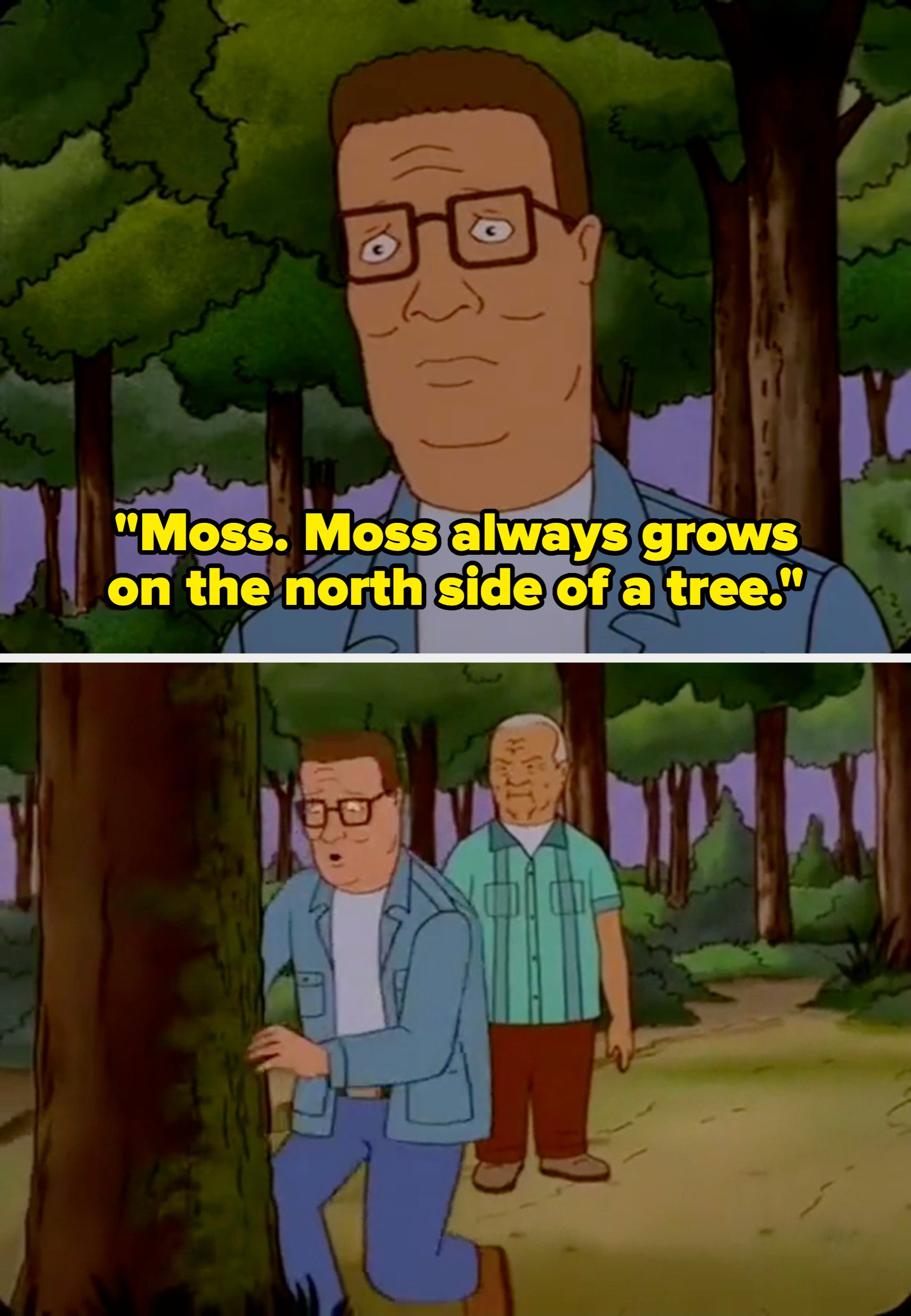 An animated scene with a man kneeling by a tree in a forest, while another man stands behind him, both engaged in an outdoor conversation