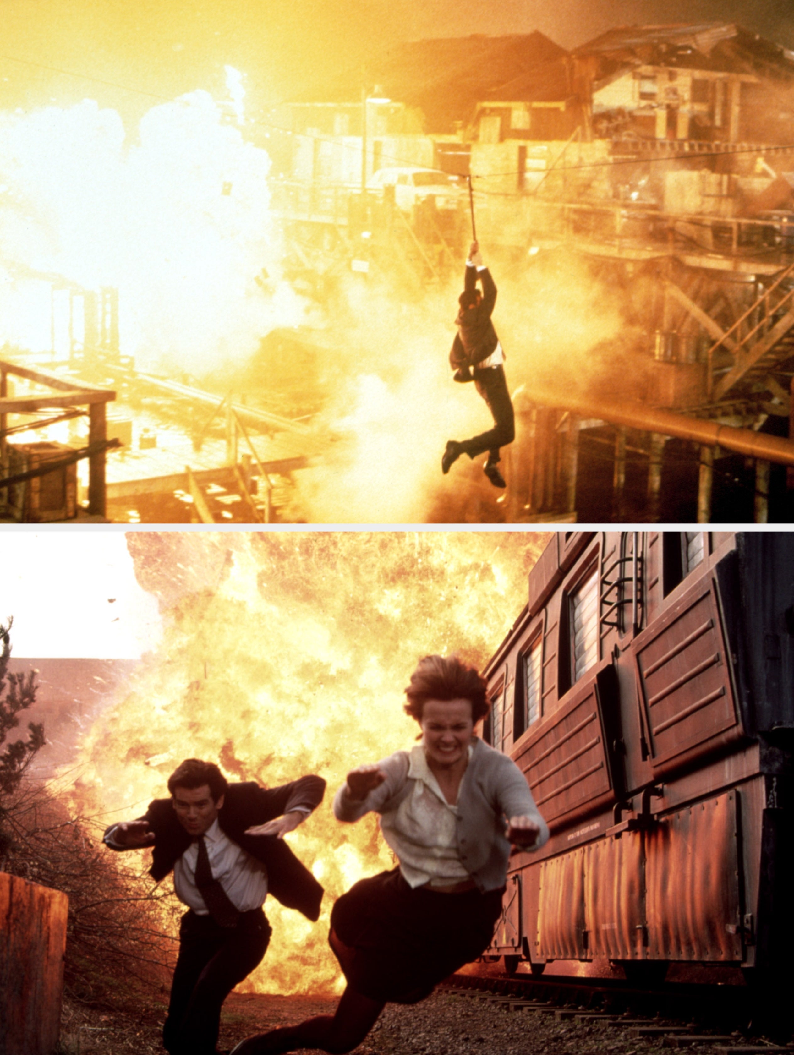 Person in a suit zip-lining amid explosions and fire in an intense action scene on a movie set