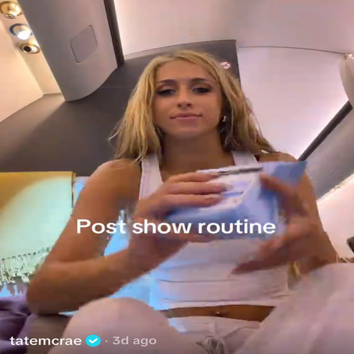 Person in a casual setting holding a blue skincare mask, with "Post show routine" text overlay