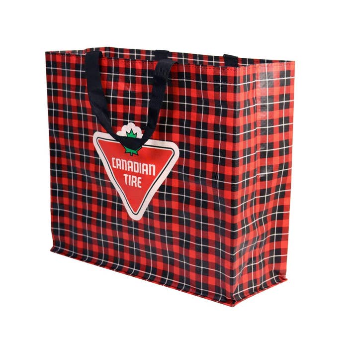 Reusable shopping bag with a plaid pattern and a "Canadian Tire" logo on the side