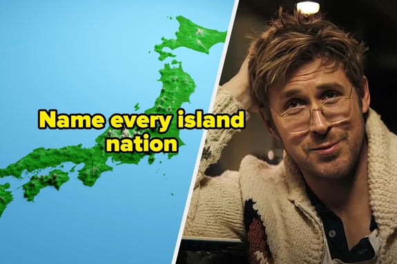 Map of Japan with text "Name every island nation" and a thoughtful-looking person on the right