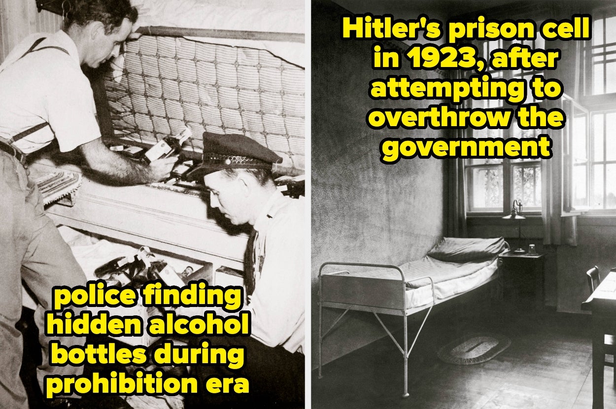 Left: Police discover alcohol bottles hidden during Prohibition. Right: A 1923 prison cell. Text details Hitler's imprisonment for a 1923 coup attempt