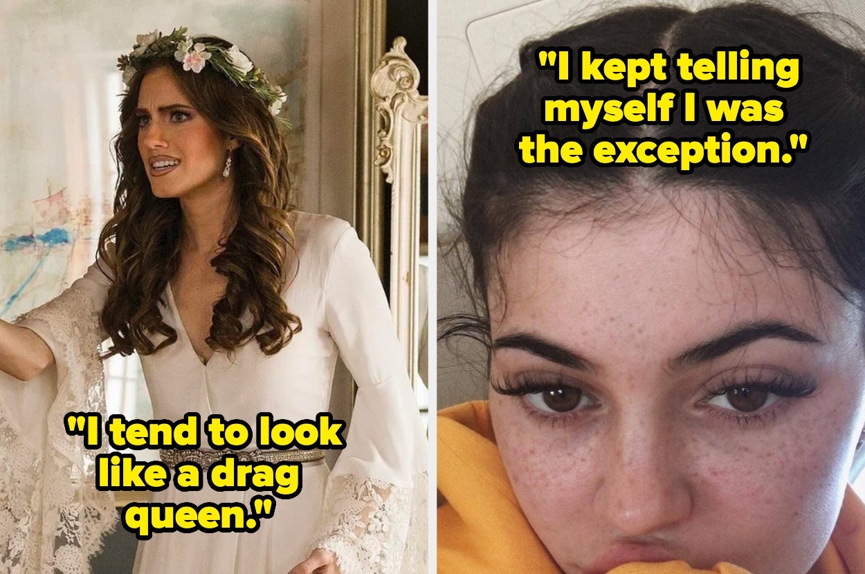 Two images: Left, a person in a lacy dress saying they tend to look like a drag queen. Right, a person in a hoodie saying they thought they were the exception