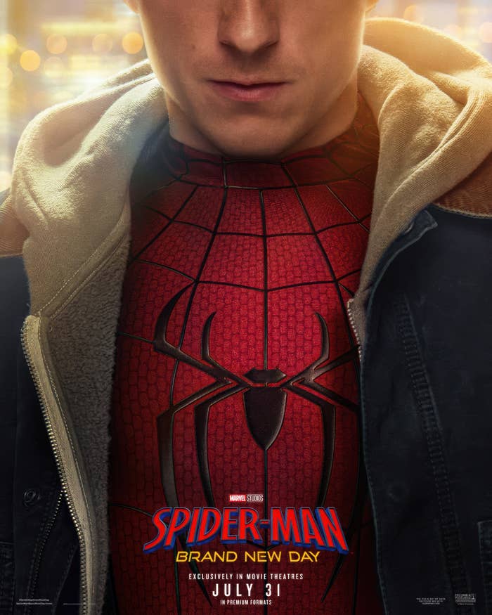 Close-up of a person in a Spider-Man suit under a jacket. Text: "Spider-Man: Brand New Day," movie release July 31