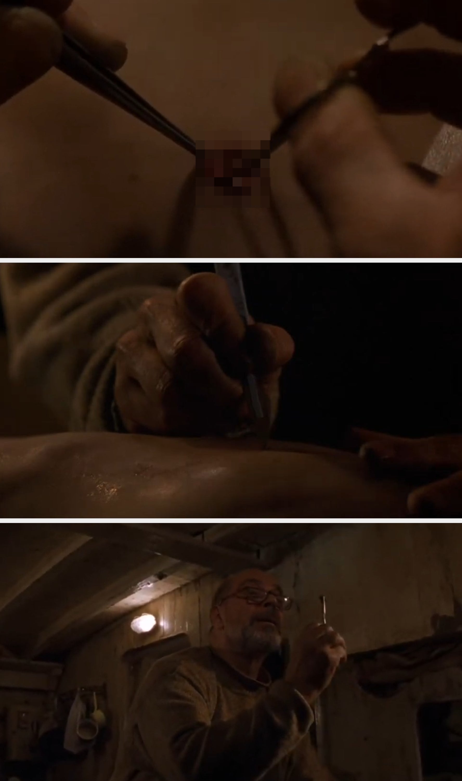 Close-up of a hand holding a syringe poised above an arm, suggesting a tense or dramatic scene in a TV or movie context