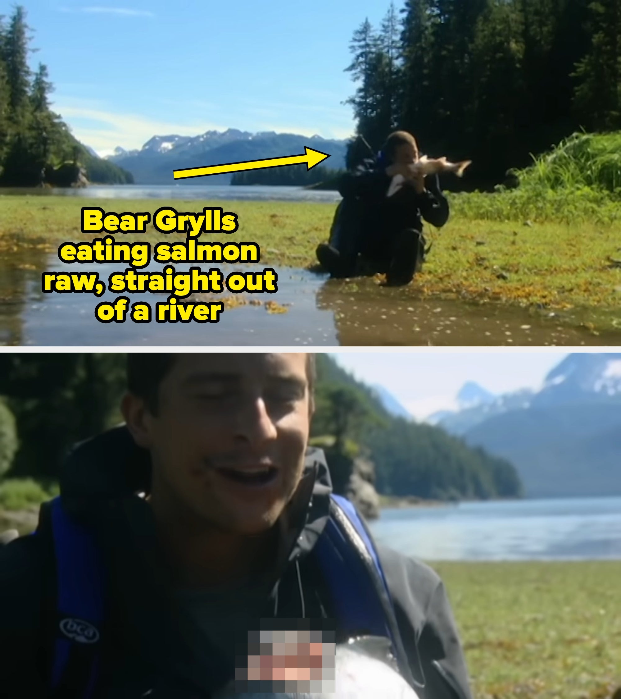 Person sitting by a serene lake, surrounded by trees and distant mountains, kissing a fish they are holding