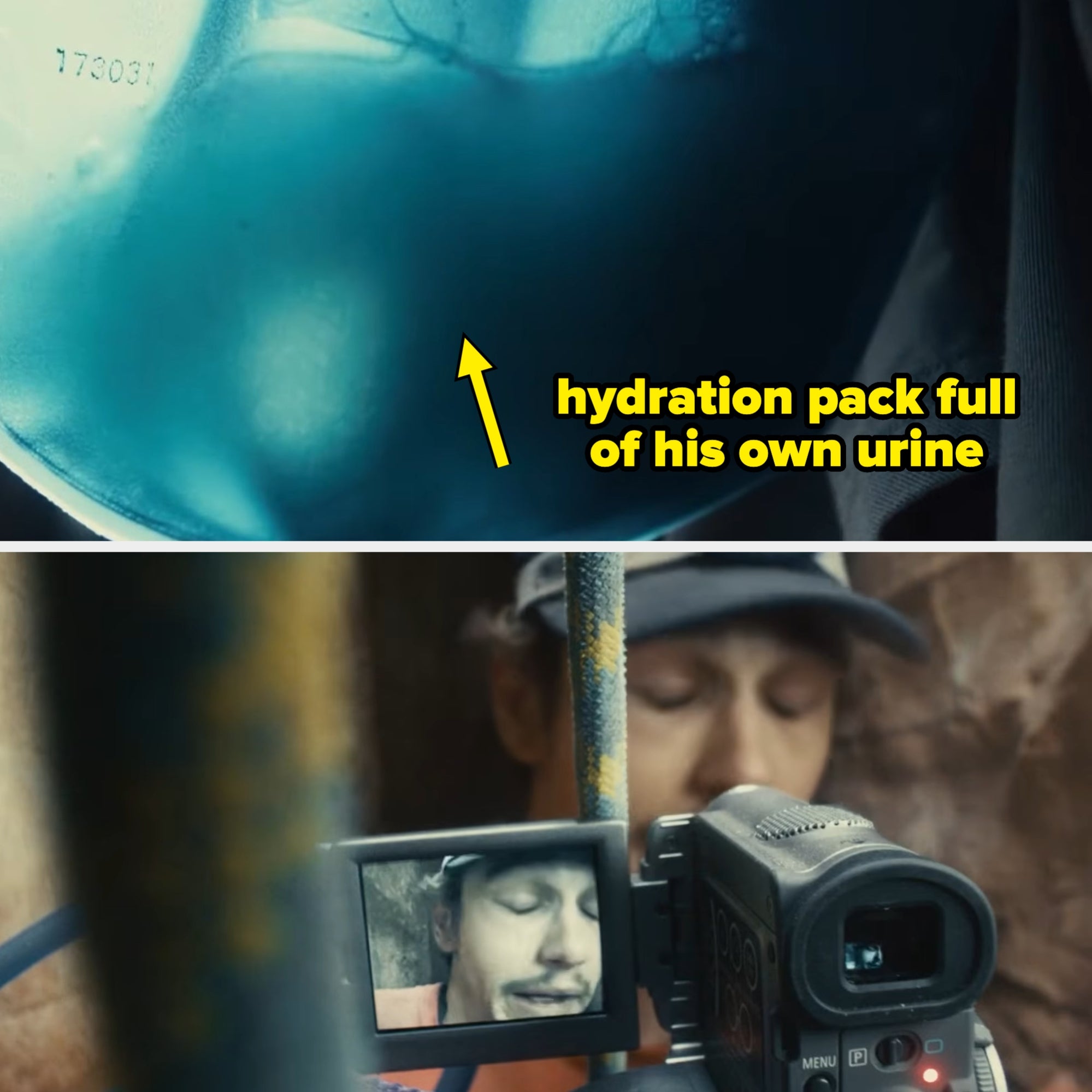 Close-up of a blue Nalgene bottle, part of a scene from the film "127 Hours" (2010)