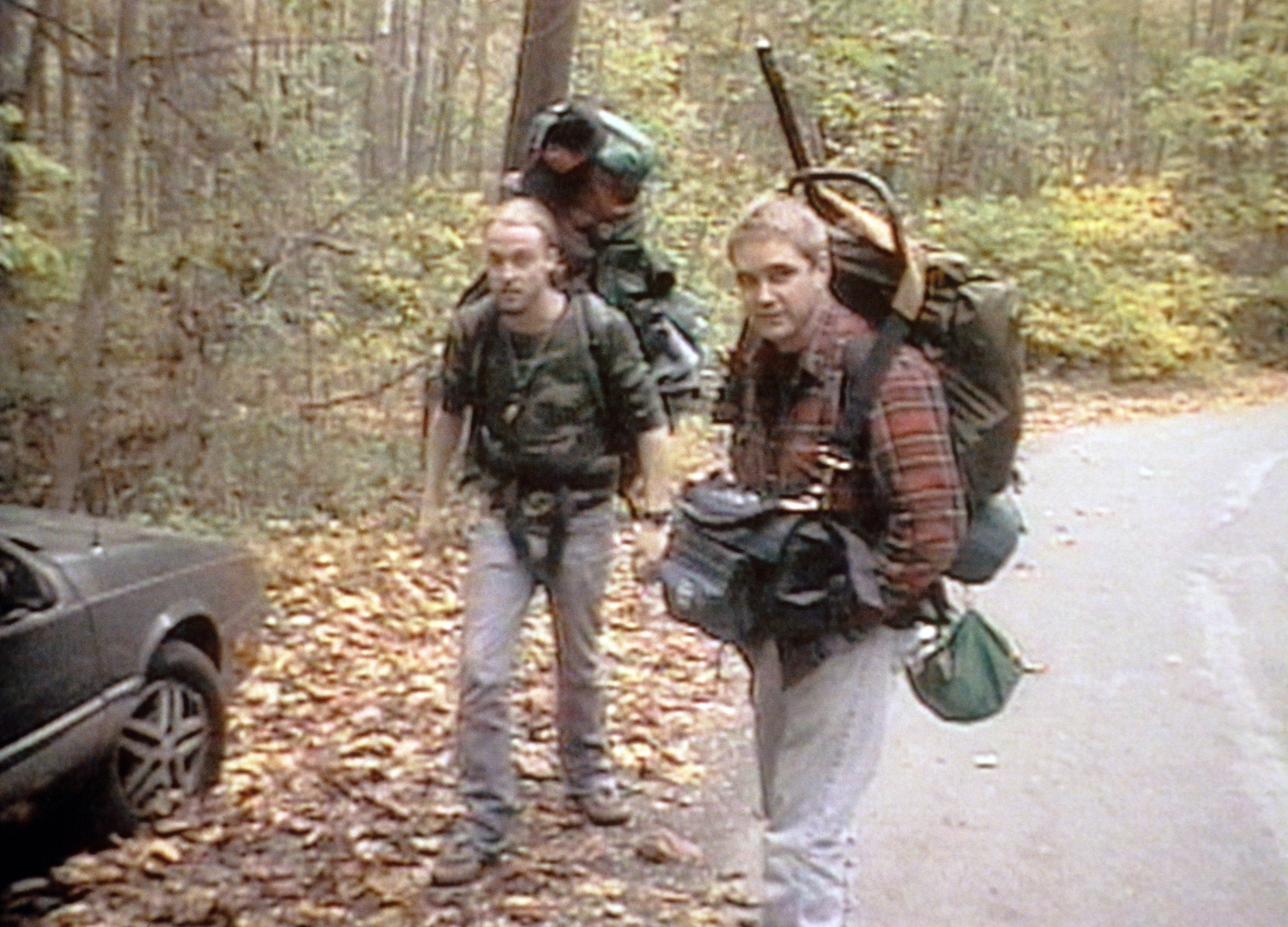 Three people with backpacks stand on a forest road, appearing to be on a hiking trip
