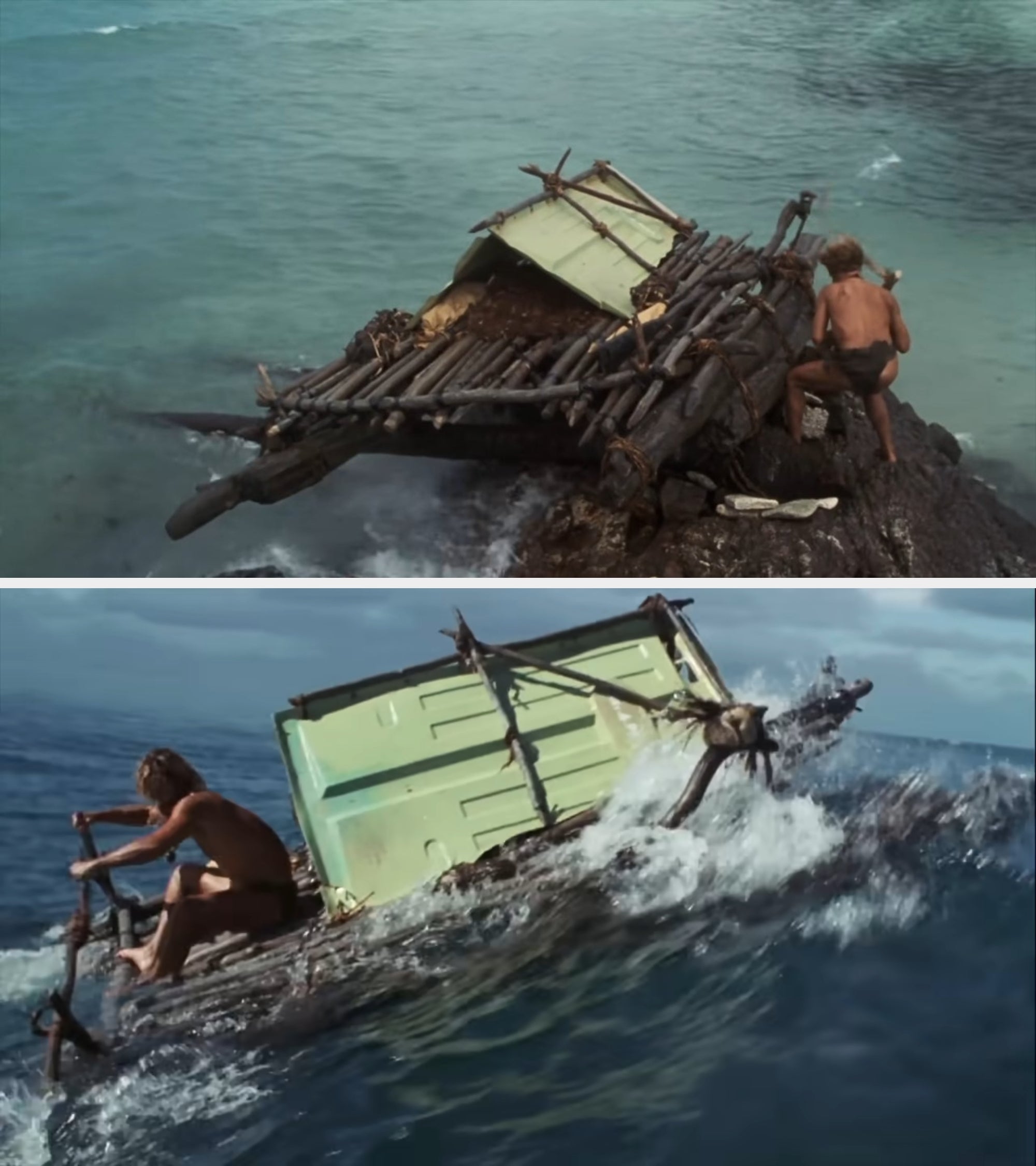 Man building a wooden raft on a rocky shore, preparing for sea journey in a survival scenario