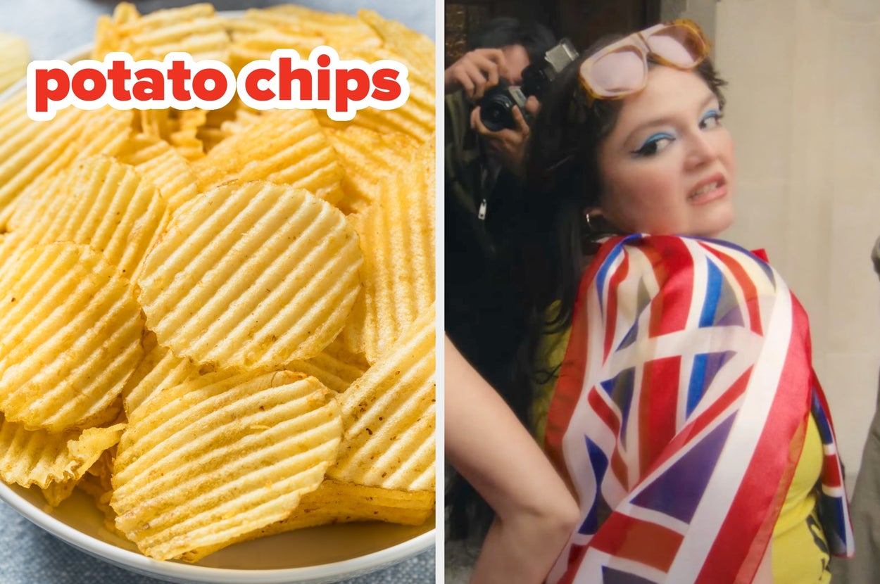 On the left, a bowl of ruffled potato chips, and on the right, Megan Stalter wrapped in a Union Jack flag