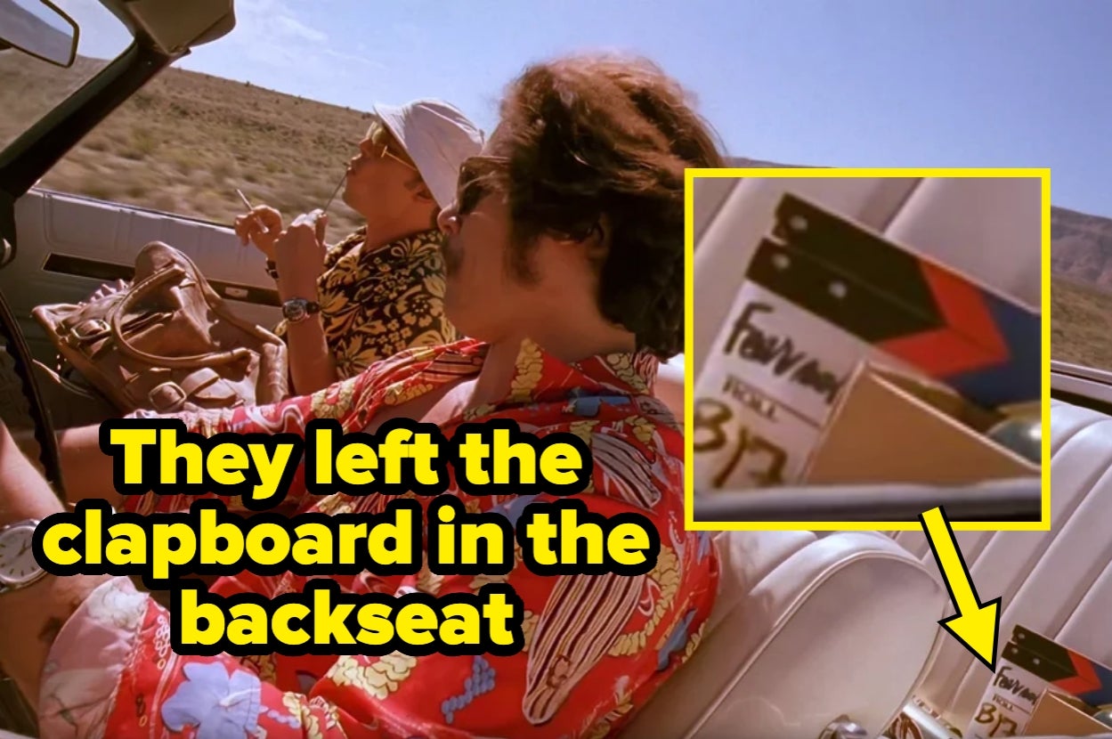 Two people in a convertible in fear and loathing in las vegas with an inset showing a movie clapboard in the backseat. Text: "They left the clapboard in the backseat"