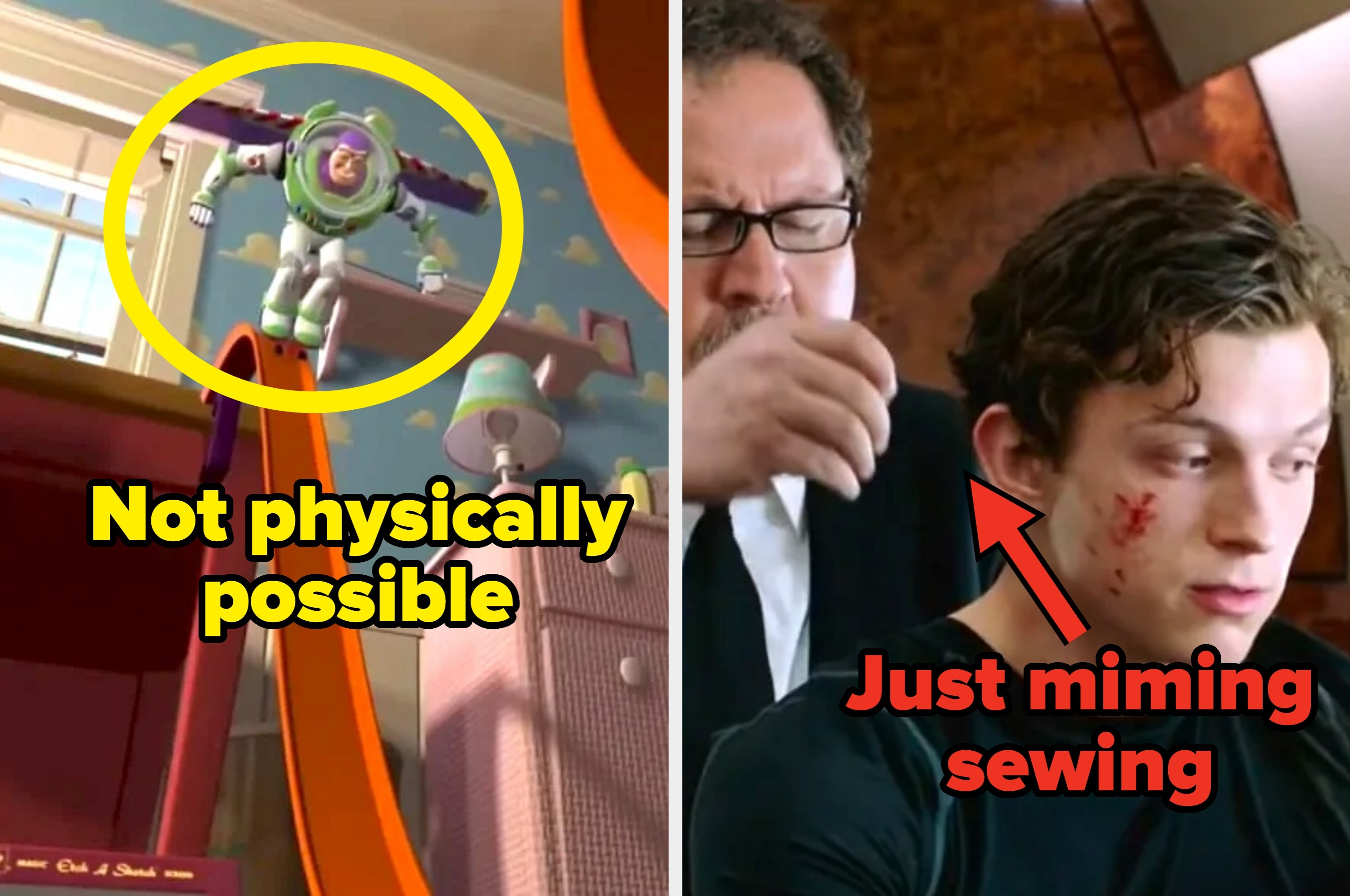 Buzz Lightyear attempts a slide trick; Text reads: "Not physically possible." Happy mimes sewing Peter's injury in spider-man