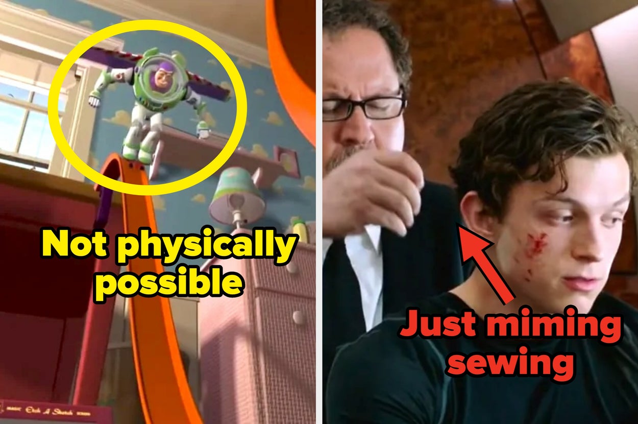 Buzz Lightyear attempts a slide trick; Text reads: "Not physically possible." Happy mimes sewing Peter's injury in spider-man