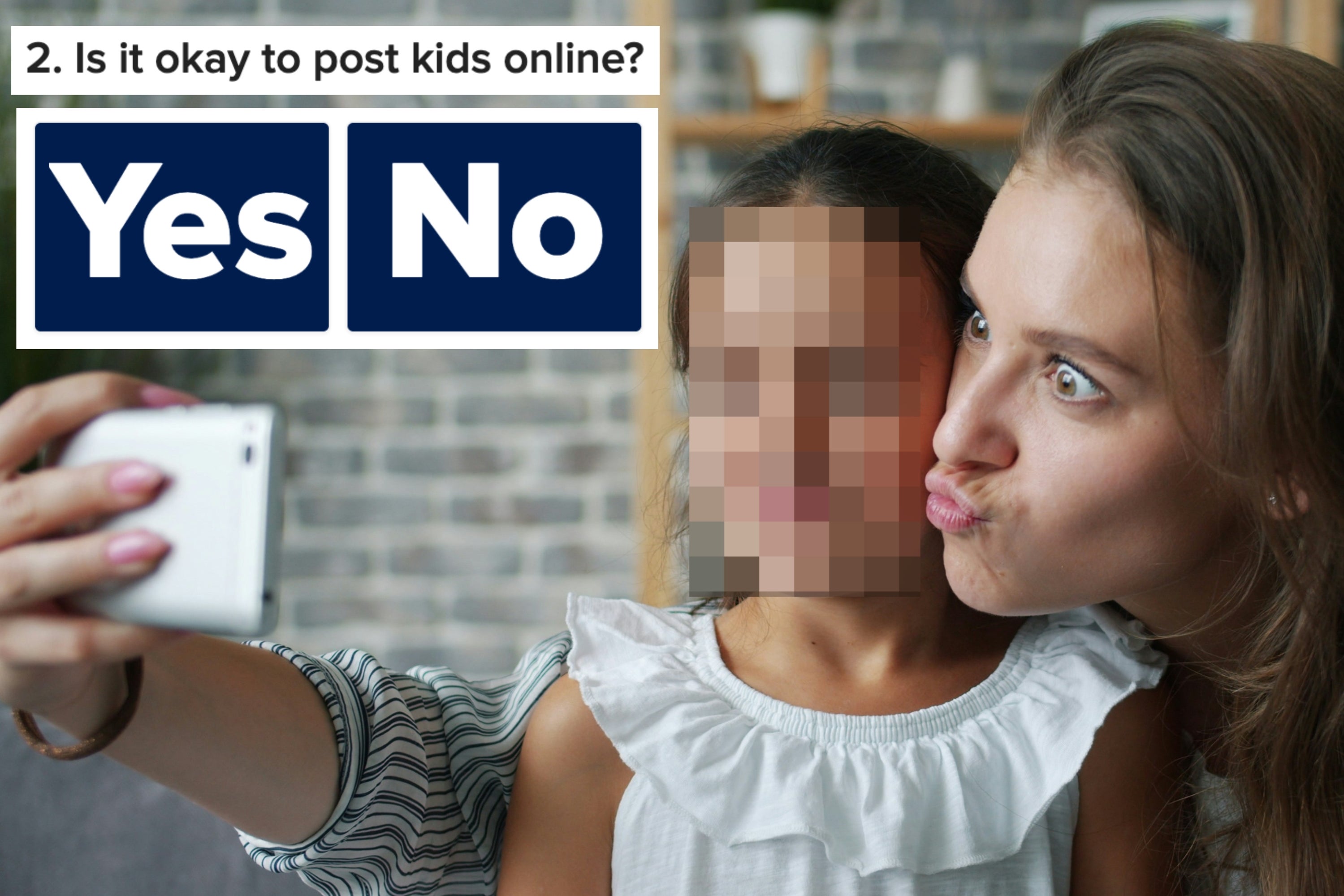 A parent and three children wearing matching pajamas cuddle on a couch. Overlay text asks, "Is it okay to post kids online?" with "Yes" and "No" options