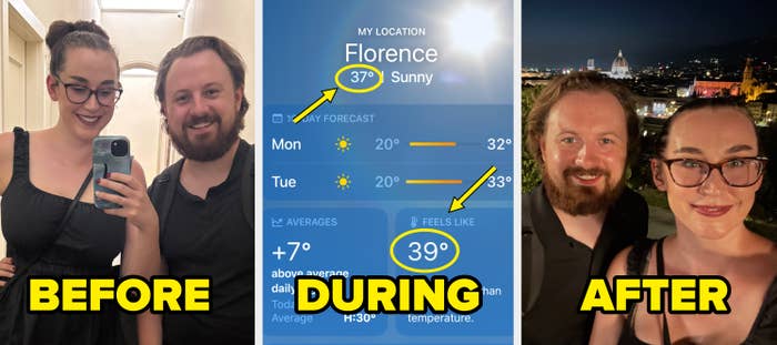 Photo collage with a couple before, during, and after a warm trip in Florence, showing a temperature of 39°C on a weather app